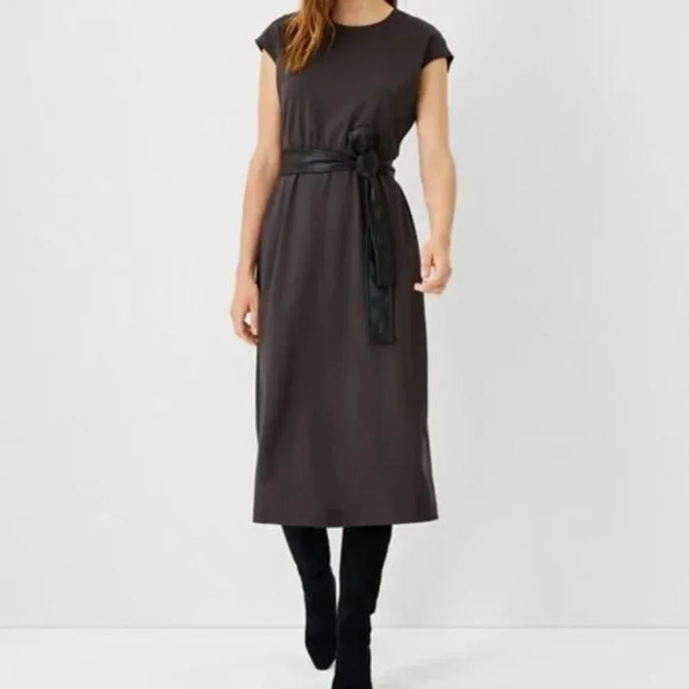 Ann Taylor Faux Leather Belted Flare Dress - Picture 4 of 4